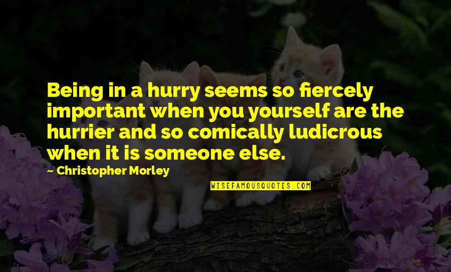 9999 Gold Quotes By Christopher Morley: Being in a hurry seems so fiercely important