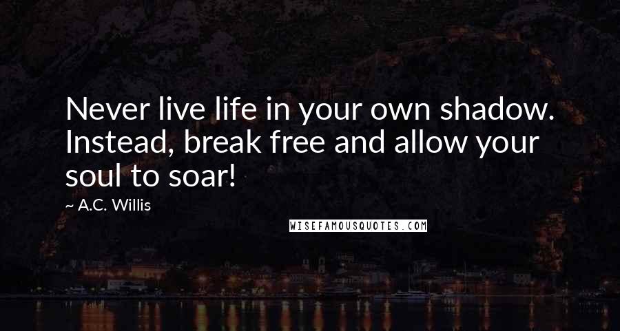 A.C. Willis quotes: Never live life in your own shadow. Instead, break free and allow your soul to soar!