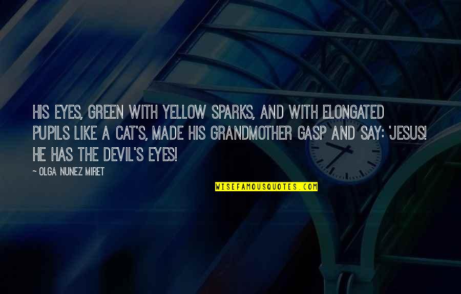 A Cat's Eyes Quotes By Olga Nunez Miret: His eyes, green with yellow sparks, and with