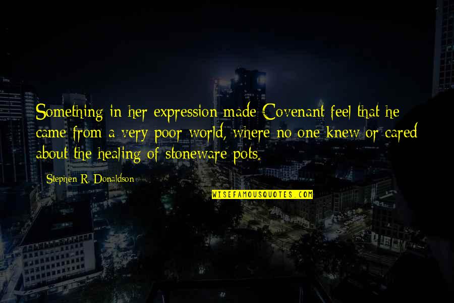A Covenant Quotes By Stephen R. Donaldson: Something in her expression made Covenant feel that A Covenant Quotes By Stephen R. Donaldson: Something in her expression made Covenant feel that