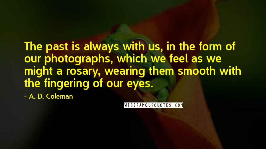 A. D. Coleman quotes: The past is always with us, in the form of our photographs, which we feel as we might a rosary, wearing them smooth with the fingering of our eyes. A. D. Coleman quotes: The past is always with us, in the form of our photographs, which we feel as we might a rosary, wearing them smooth with the fingering of our eyes.