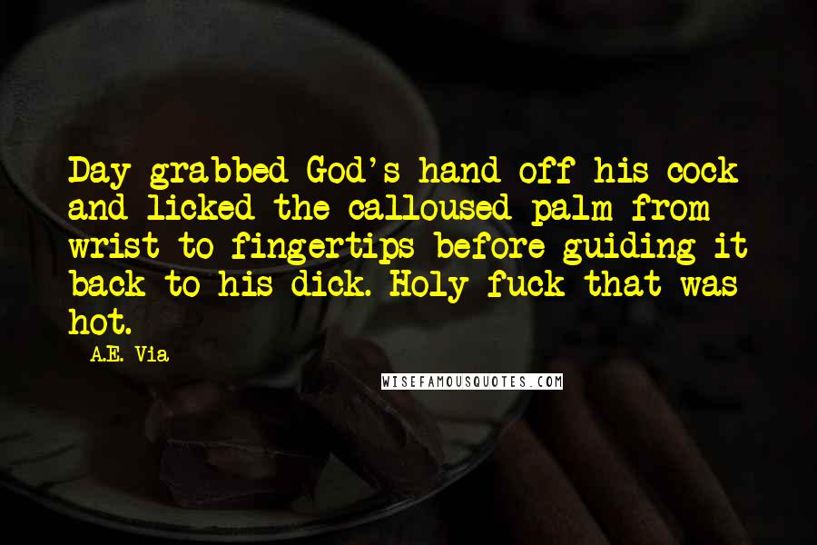 A.E. Via quotes: Day grabbed God's hand off his cock and licked the calloused palm from wrist to fingertips before guiding it back to his dick. Holy fuck that was hot.