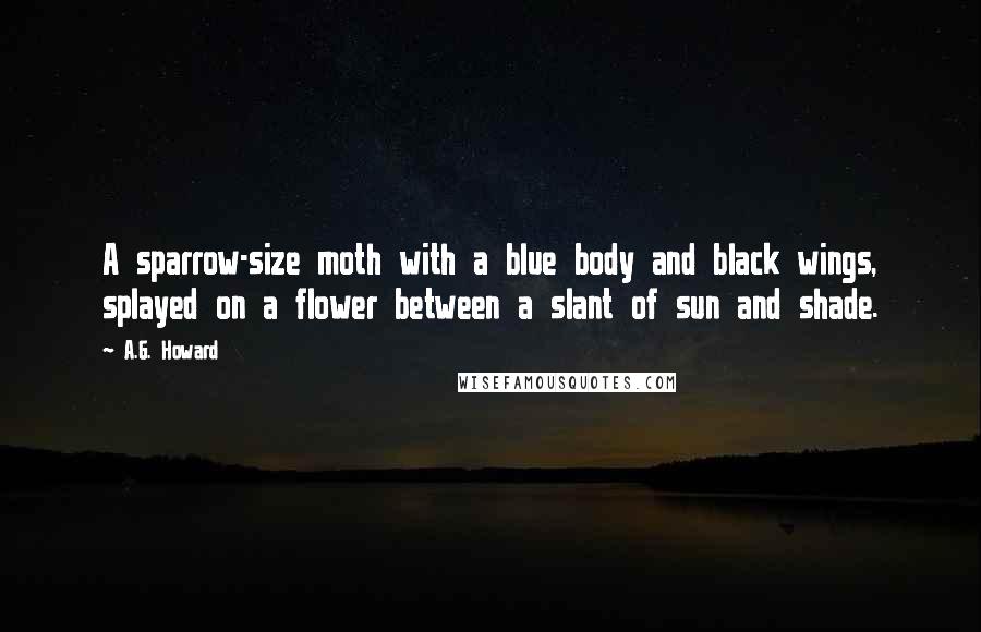 A.G. Howard quotes: A sparrow-size moth with a blue body and black wings, splayed on a flower between a slant of sun and shade.