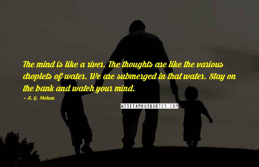 A. G. Mohan quotes: The mind is like a river. The thoughts are like the various droplets of water. We are submerged in that water. Stay on the bank and watch your mind.