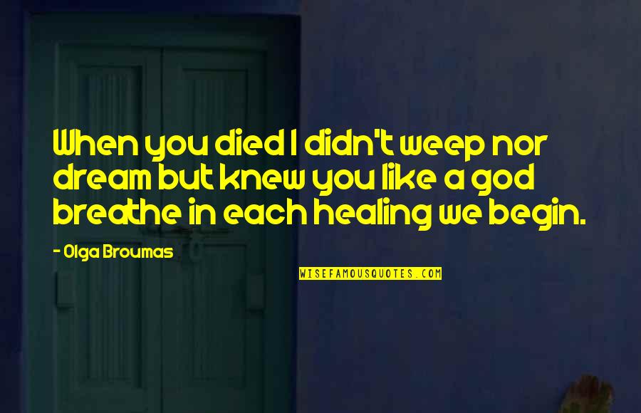 A Healing Quotes By Olga Broumas: When you died I didn't weep nor dream