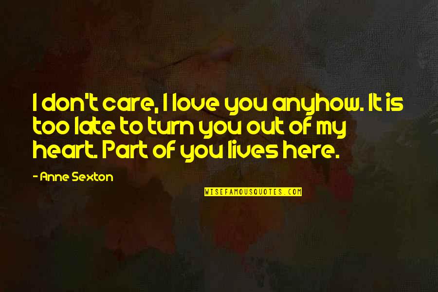 A Hearse Quotes By Anne Sexton: I don't care, I love you anyhow. It