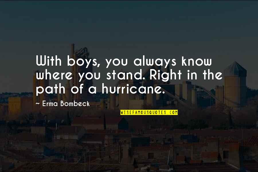 A Hurricane Quotes By Erma Bombeck: With boys, you always know where you stand.