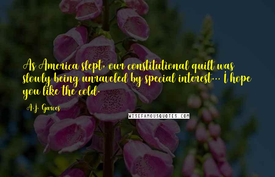 A.J. Garces quotes: As America slept, our constitutional quilt was slowly being unraveled by special interest... I hope you like the cold. A.J. Garces quotes: As America slept, our constitutional quilt was slowly being unraveled by special interest... I hope you like the cold.