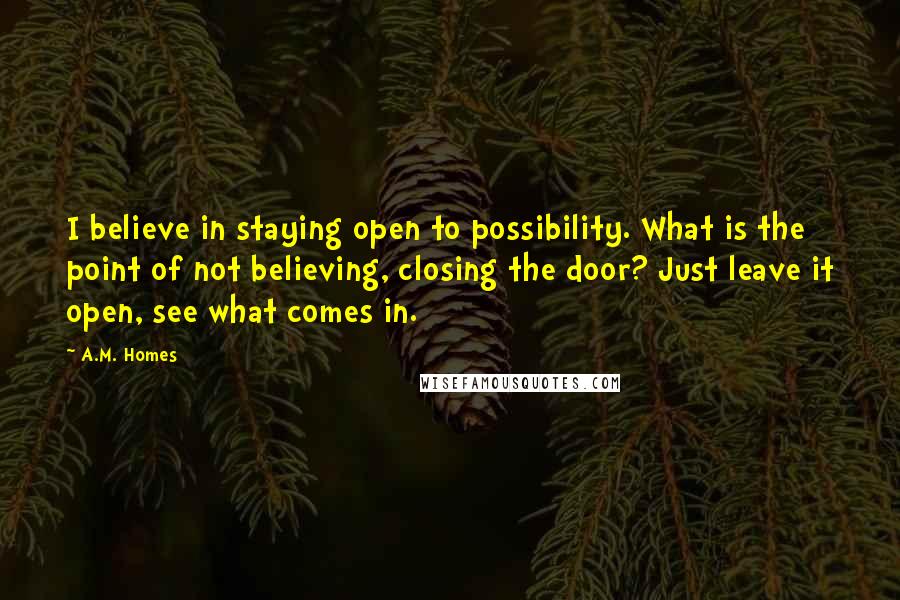 A.M. Homes quotes: I believe in staying open to possibility. What is the point of not believing, closing the door? Just leave it open, see what comes in.