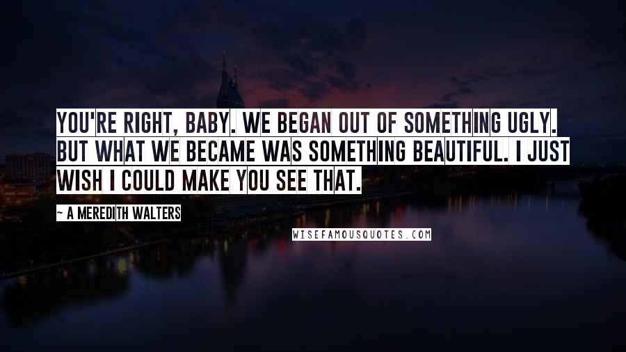 A Meredith Walters quotes: You're right, baby. We began out of something ugly. But what we became was something beautiful. I just wish I could make you see that. A Meredith Walters quotes: You're right, baby. We began out of something ugly. But what we became was something beautiful. I just wish I could make you see that.