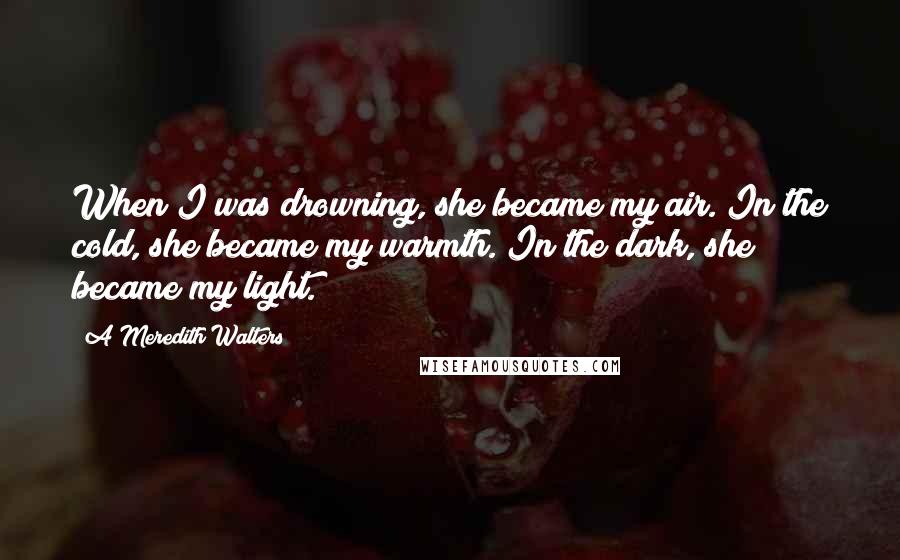 A Meredith Walters quotes: When I was drowning, she became my air. In the cold, she became my warmth. In the dark, she became my light. A Meredith Walters quotes: When I was drowning, she became my air. In the cold, she became my warmth. In the dark, she became my light.
