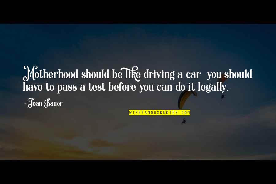 A Motherhood Quotes By Joan Bauer: Motherhood should be like driving a car you