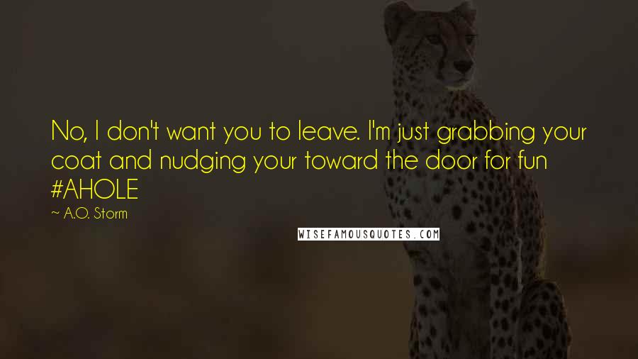 A.O. Storm quotes: No, I don't want you to leave. I'm just grabbing your coat and nudging your toward the door for fun #AHOLE