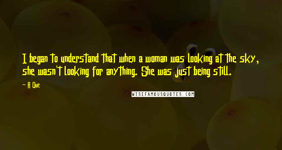 A Que quotes: I began to understand that when a woman was looking at the sky, she wasn't looking for anything. She was just being still. A Que quotes: I began to understand that when a woman was looking at the sky, she wasn't looking for anything. She was just being still.