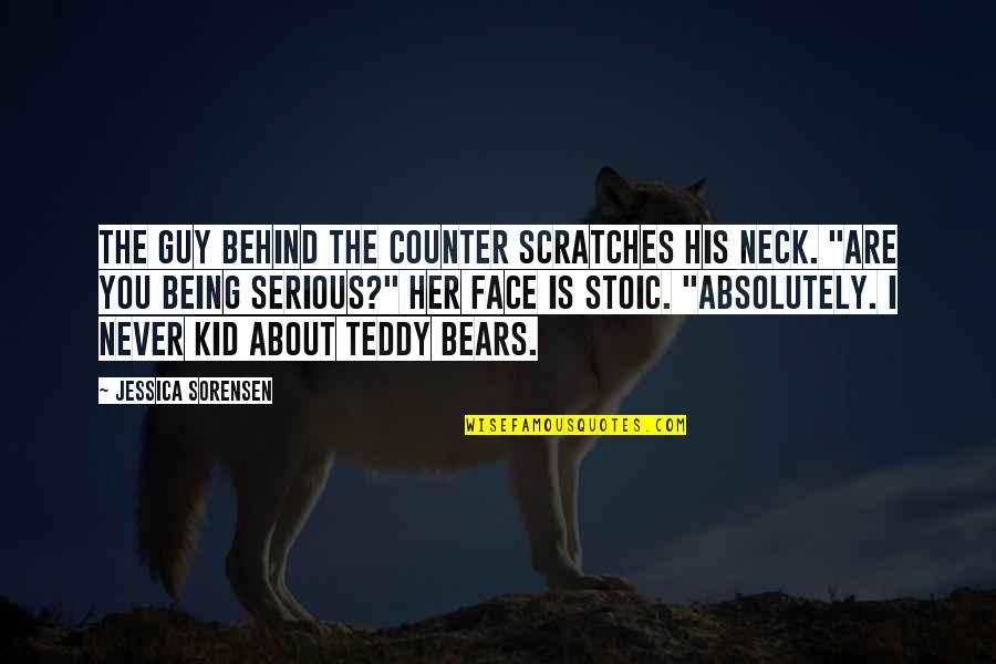 A Serious Face Quotes By Jessica Sorensen: The guy behind the counter scratches his neck.