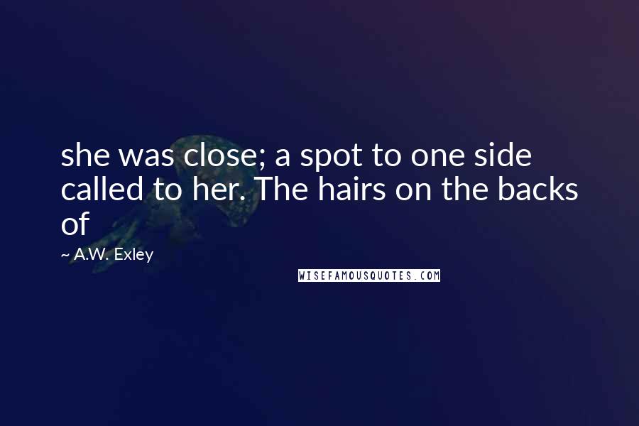 A.W. Exley quotes: she was close; a spot to one side called to her. The hairs on the backs of