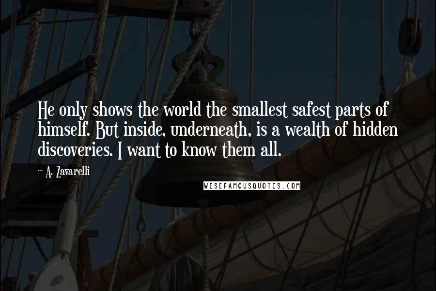 A. Zavarelli quotes: He only shows the world the smallest safest parts of himself. But inside, underneath, is a wealth of hidden discoveries. I want to know them all.