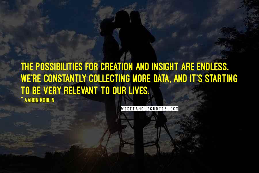 Aaron Koblin quotes: The possibilities for creation and insight are endless. We're constantly collecting more data, and it's starting to be very relevant to our lives.