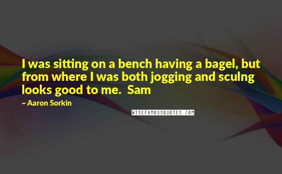 Aaron Sorkin quotes: I was sitting on a bench having a bagel, but from where I was both jogging and sculng looks good to me. Sam Aaron Sorkin quotes: I was sitting on a bench having a bagel, but from where I was both jogging and sculng looks good to me. Sam