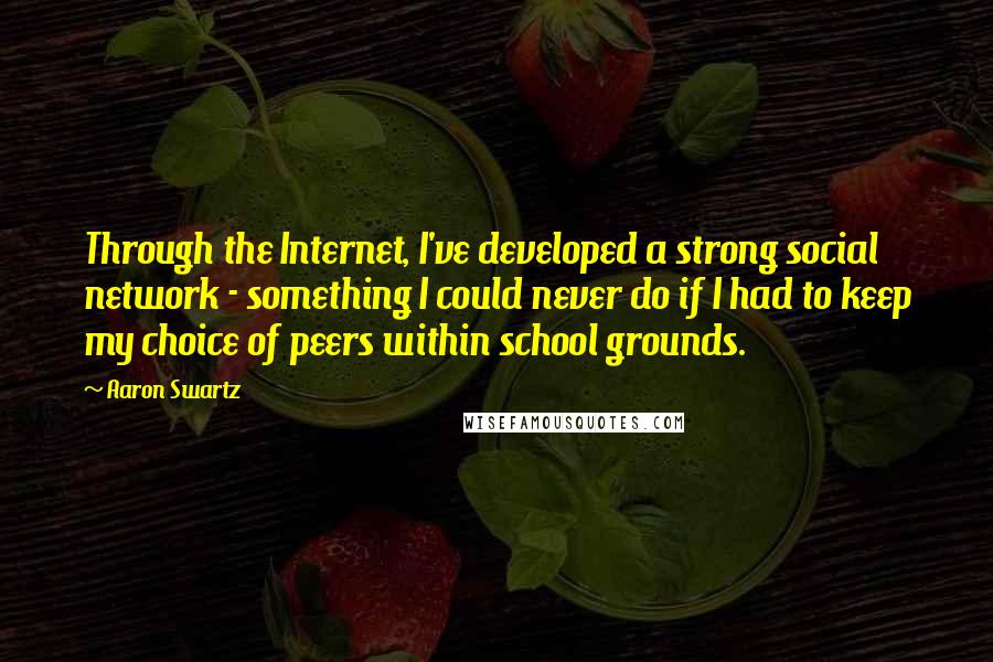 Aaron Swartz quotes: Through the Internet, I've developed a strong social network - something I could never do if I had to keep my choice of peers within school grounds.