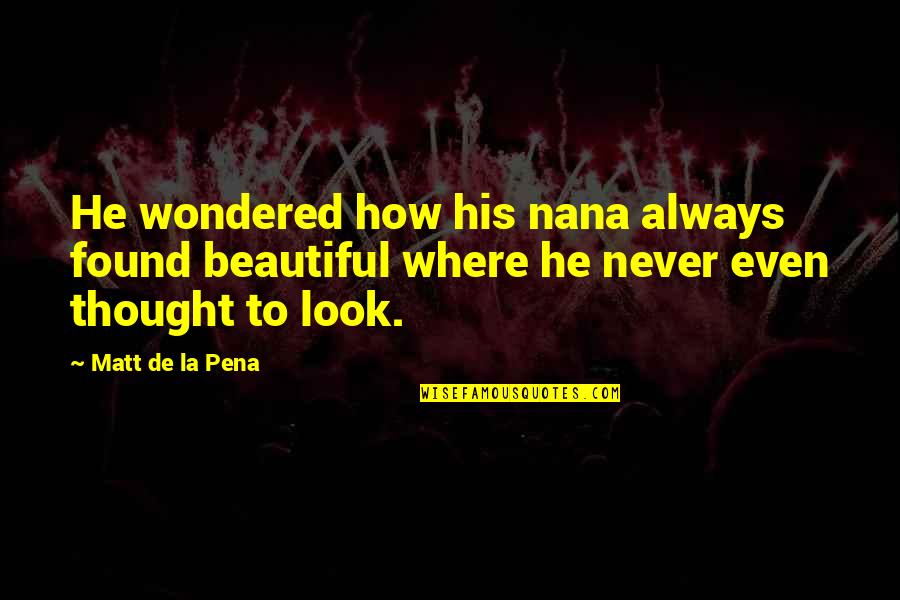 Abakumov Nkvd Quotes By Matt De La Pena: He wondered how his nana always found beautiful