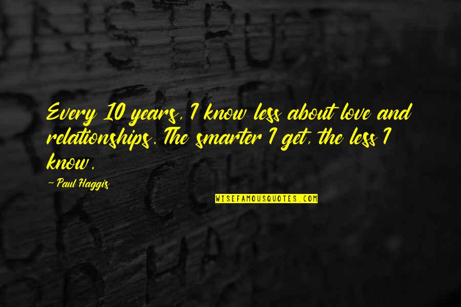Abdias Nascimento Quotes By Paul Haggis: Every 10 years, I know less about love Abdias Nascimento Quotes By Paul Haggis: Every 10 years, I know less about love