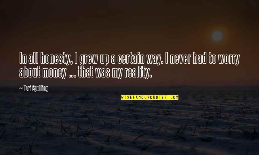 About My Money Quotes By Tori Spelling: In all honesty, I grew up a certain About My Money Quotes By Tori Spelling: In all honesty, I grew up a certain