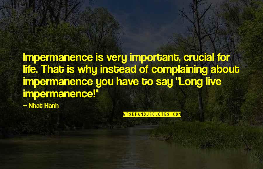 About That Life Quotes By Nhat Hanh: Impermanence is very important, crucial for life. That