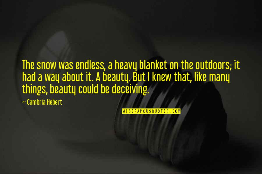 About The Beauty Quotes By Cambria Hebert: The snow was endless, a heavy blanket on