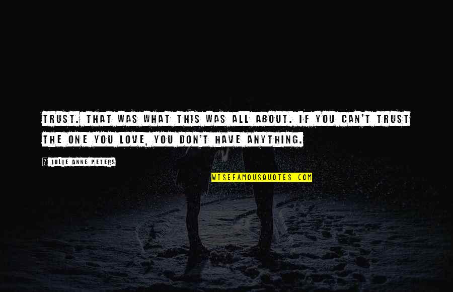 About Trust Quotes By Julie Anne Peters: Trust. That was what this was all about. About Trust Quotes By Julie Anne Peters: Trust. That was what this was all about.