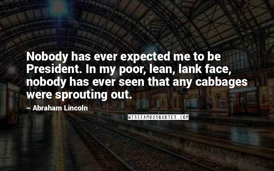 Abraham Lincoln quotes: Nobody has ever expected me to be President. In my poor, lean, lank face, nobody has ever seen that any cabbages were sprouting out. Abraham Lincoln quotes: Nobody has ever expected me to be President. In my poor, lean, lank face, nobody has ever seen that any cabbages were sprouting out.