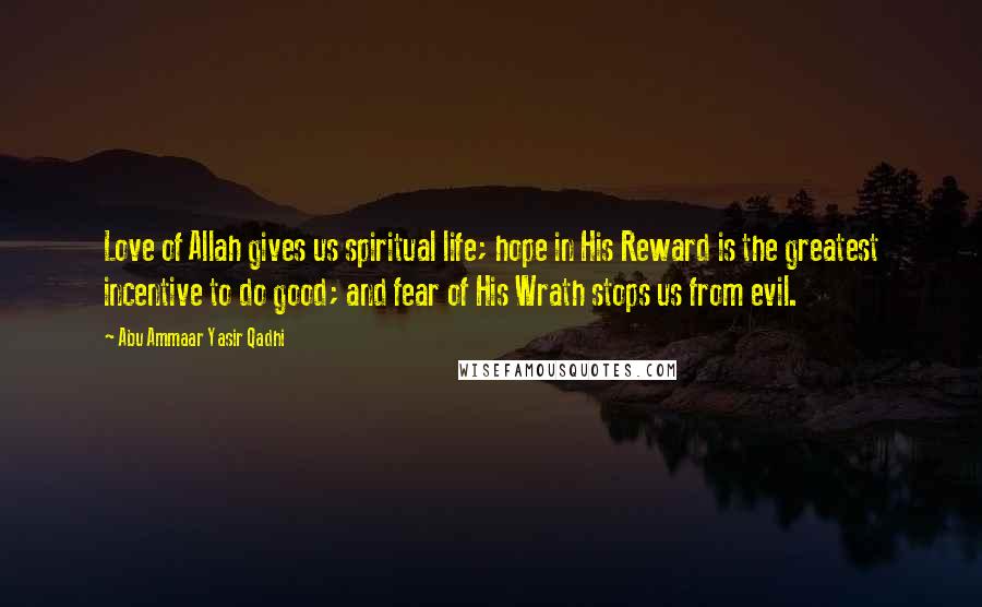 Abu Ammaar Yasir Qadhi quotes: Love of Allah gives us spiritual life; hope in His Reward is the greatest incentive to do good; and fear of His Wrath stops us from evil.