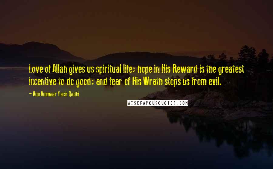 Abu Ammaar Yasir Qadhi quotes: Love of Allah gives us spiritual life; hope in His Reward is the greatest incentive to do good; and fear of His Wrath stops us from evil. Abu Ammaar Yasir Qadhi quotes: Love of Allah gives us spiritual life; hope in His Reward is the greatest incentive to do good; and fear of His Wrath stops us from evil.