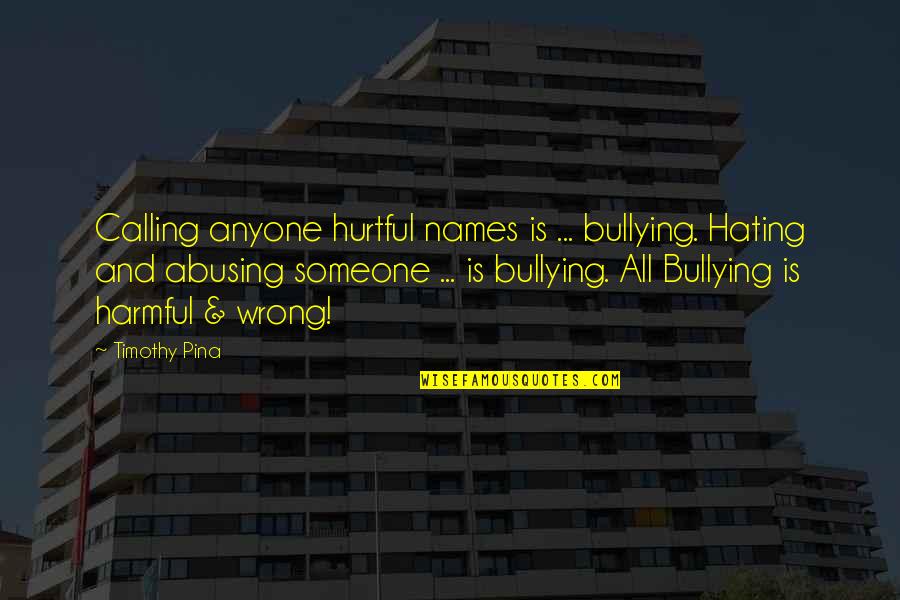 Abusing Someone Quotes By Timothy Pina: Calling anyone hurtful names is ... bullying. Hating