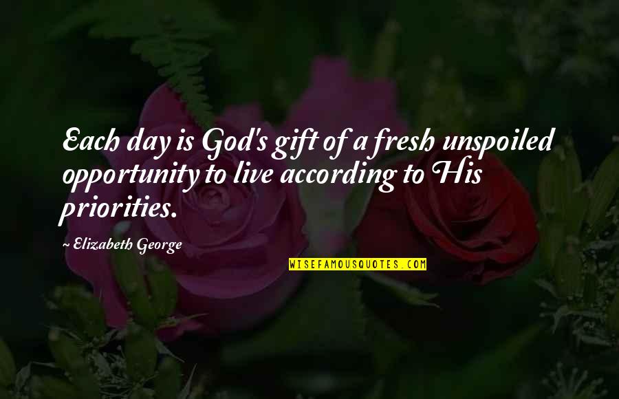 According To Plan Quotes By Elizabeth George: Each day is God's gift of a fresh
