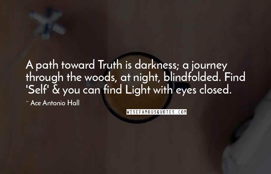 Ace Antonio Hall quotes: A path toward Truth is darkness; a journey through the woods, at night, blindfolded. Find 'Self' & you can find Light with eyes closed.