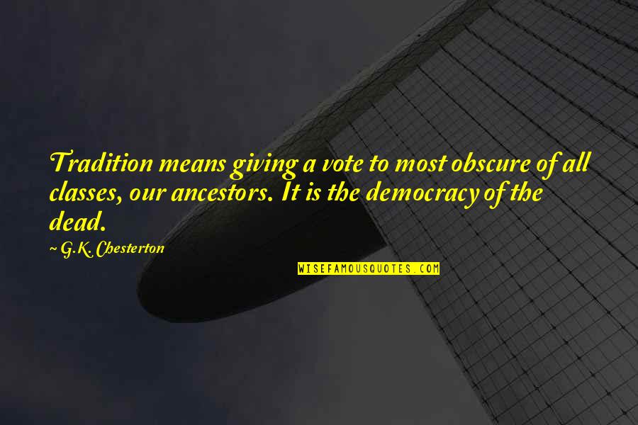 Ack Escape Quotes By G.K. Chesterton: Tradition means giving a vote to most obscure Ack Escape Quotes By G.K. Chesterton: Tradition means giving a vote to most obscure