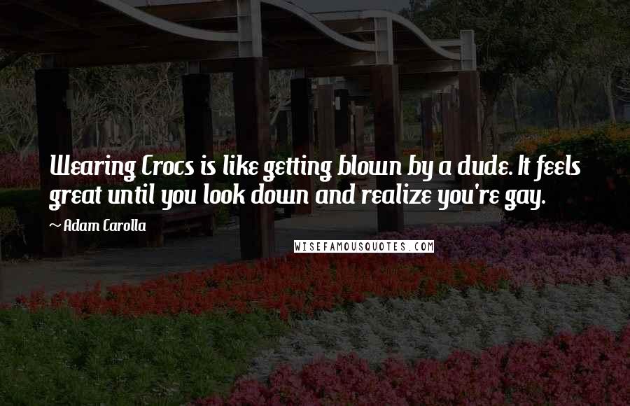 Adam Carolla quotes: Wearing Crocs is like getting blown by a dude. It feels great until you look down and realize you're gay.