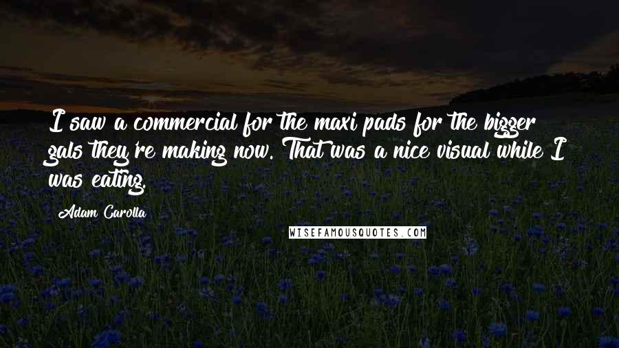 Adam Carolla quotes: I saw a commercial for the maxi pads for the bigger gals they're making now. That was a nice visual while I was eating.