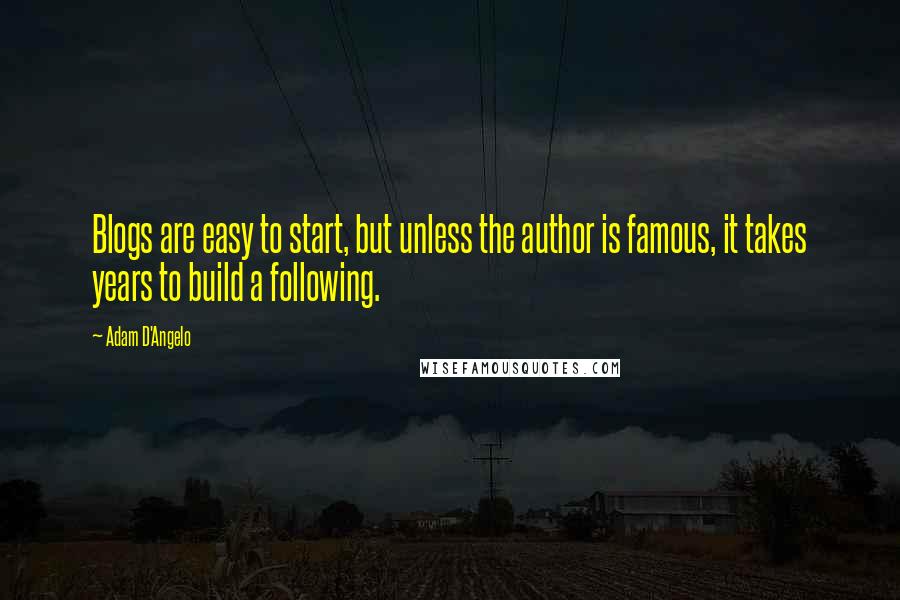 Adam D'Angelo quotes: Blogs are easy to start, but unless the author is famous, it takes years to build a following.