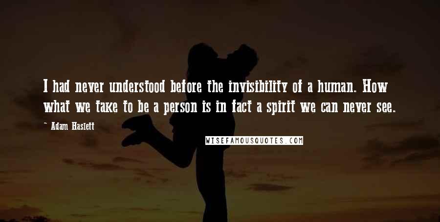 Adam Haslett quotes: I had never understood before the invisibility of a human. How what we take to be a person is in fact a spirit we can never see.