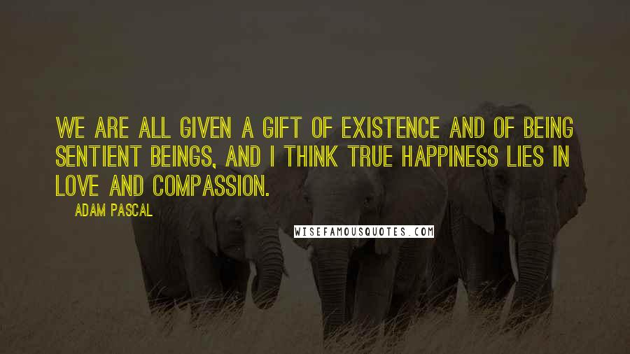 Adam Pascal quotes: We are all given a gift of existence and of being sentient beings, and I think true happiness lies in love and compassion.