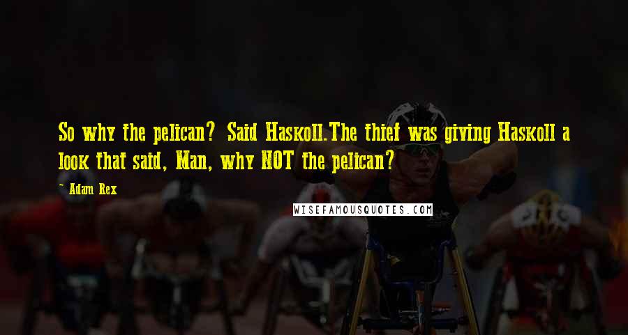 Adam Rex quotes: So why the pelican? Said Haskoll.The thief was giving Haskoll a look that said, Man, why NOT the pelican? Adam Rex quotes: So why the pelican? Said Haskoll.The thief was giving Haskoll a look that said, Man, why NOT the pelican?