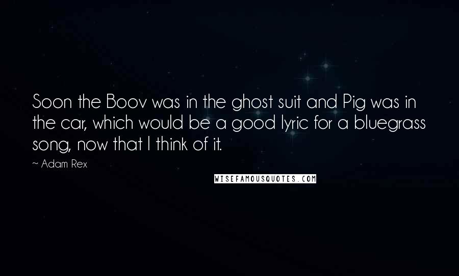 Adam Rex quotes: Soon the Boov was in the ghost suit and Pig was in the car, which would be a good lyric for a bluegrass song, now that I think of it.