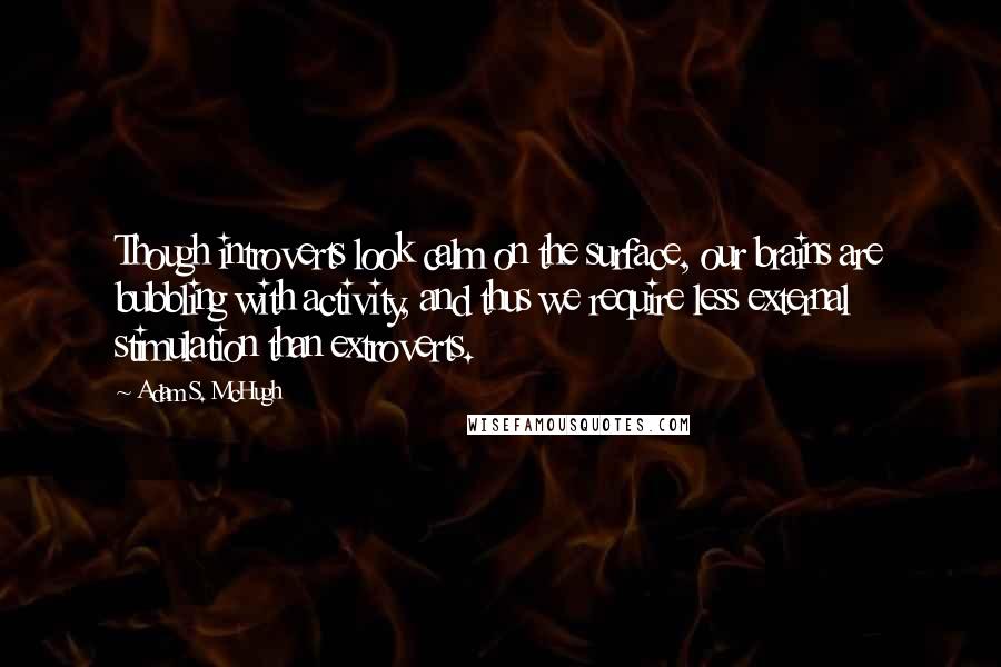 Adam S. McHugh quotes: Though introverts look calm on the surface, our brains are bubbling with activity, and thus we require less external stimulation than extroverts.