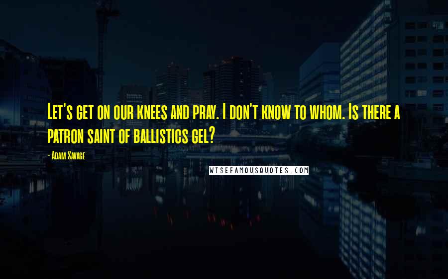 Adam Savage quotes: Let's get on our knees and pray. I don't know to whom. Is there a patron saint of ballistics gel?