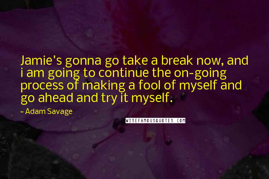 Adam Savage quotes: Jamie's gonna go take a break now, and i am going to continue the on-going process of making a fool of myself and go ahead and try it myself.