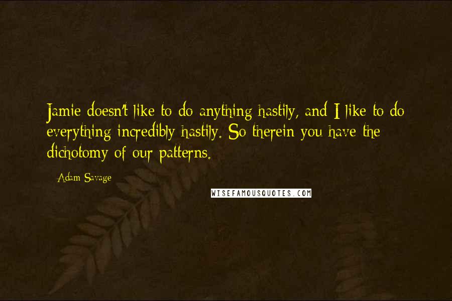 Adam Savage quotes: Jamie doesn't like to do anything hastily, and I like to do everything incredibly hastily. So therein you have the dichotomy of our patterns.