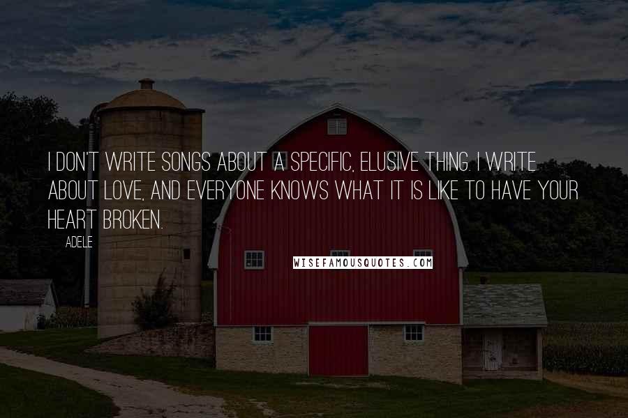 Adele quotes: I don't write songs about a specific, elusive thing. I write about love, and everyone knows what it is like to have your heart broken.