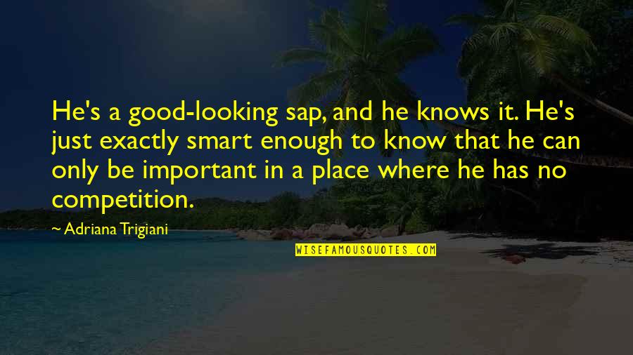 Adheres Quotes By Adriana Trigiani: He's a good-looking sap, and he knows it.